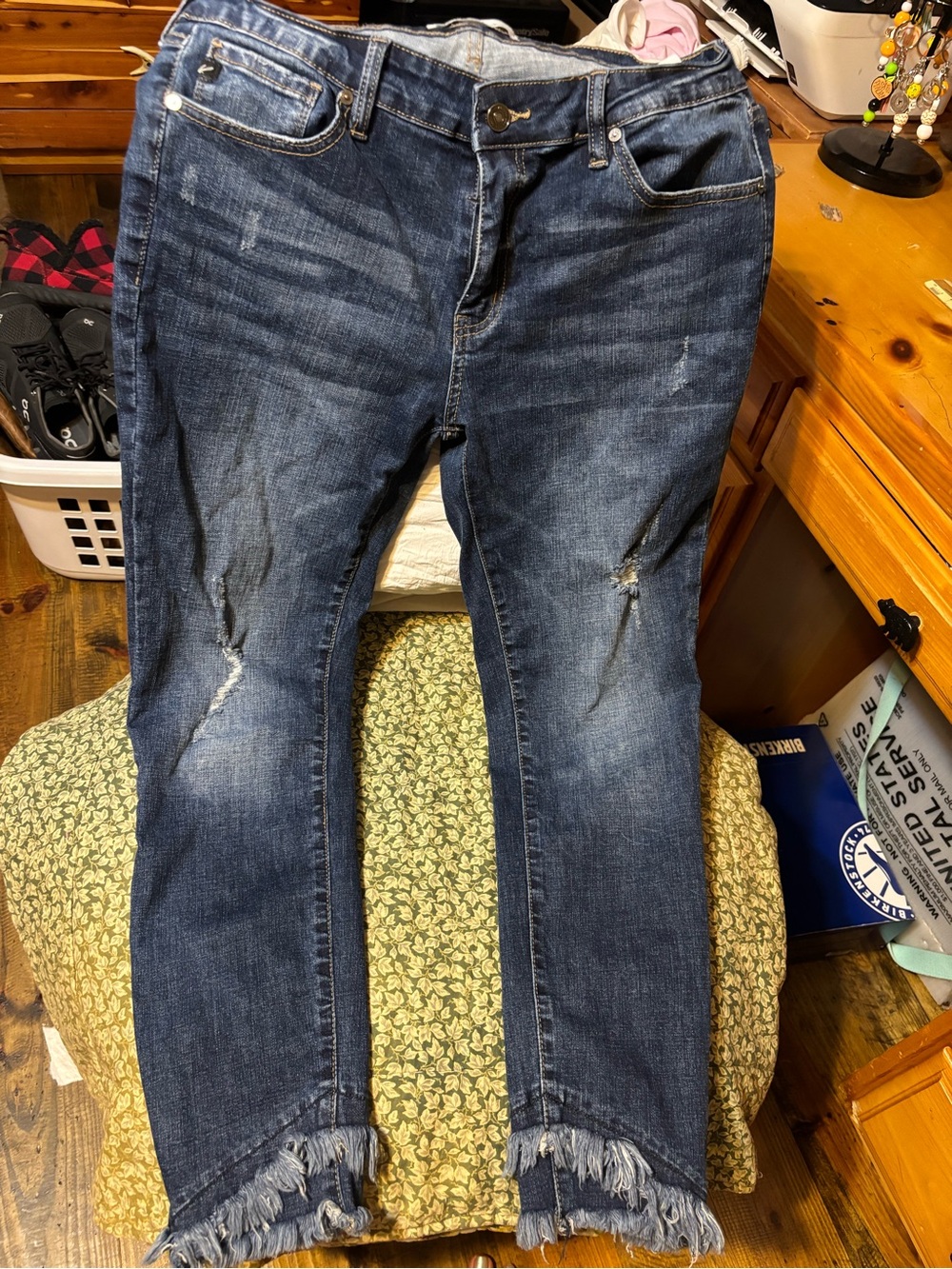 Kendall & Kylie Dark Blue Distressed Slim Straight Jeans with Frayed Hem